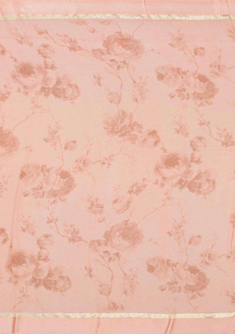 Light Peach Woven Georgette Silk Saree With Printed Floral Motifs For Women - Indya