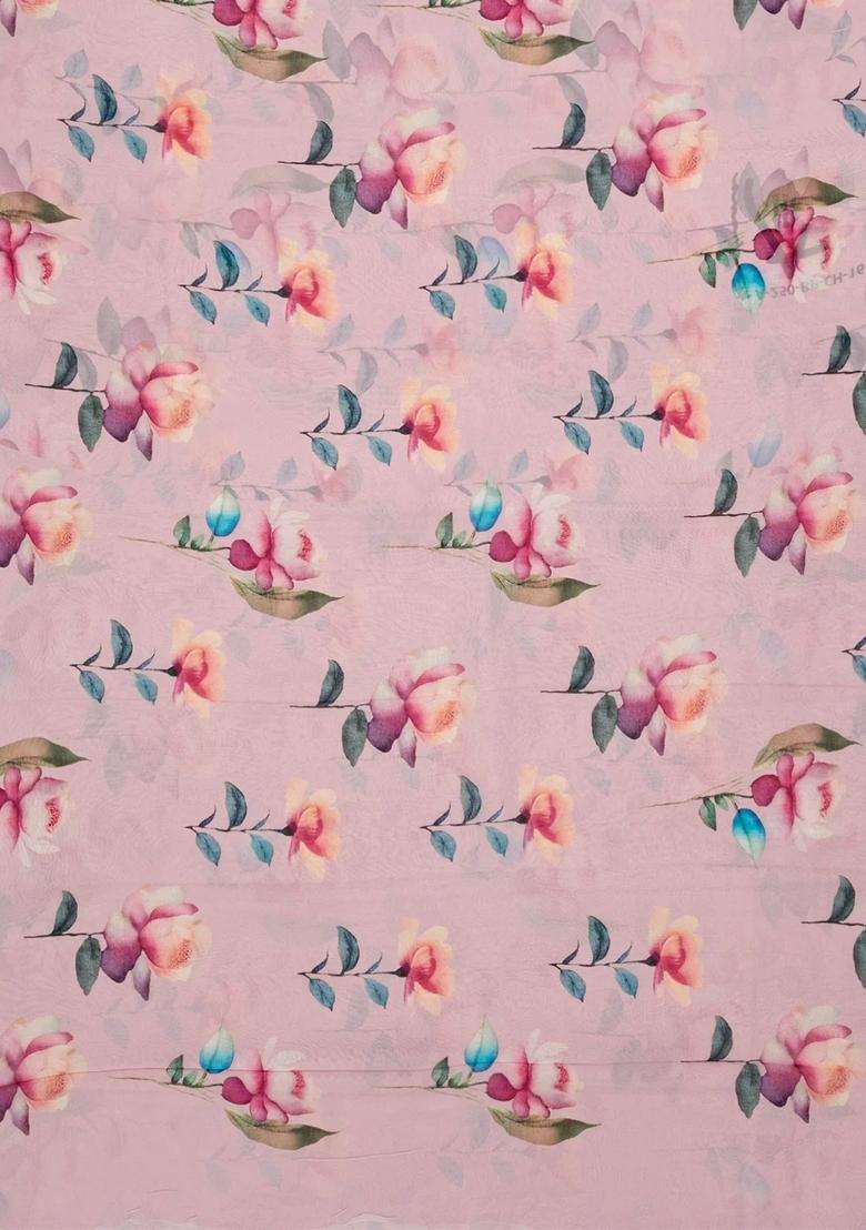 Baby Pink Woven Georgette Silk Saree With Printed Floral Motifs For Women - Indya