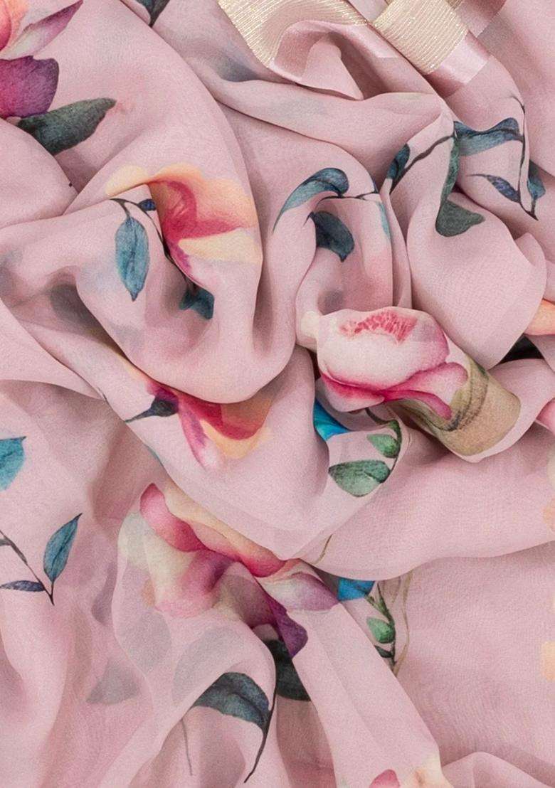 Baby Pink Woven Georgette Silk Saree With Printed Floral Motifs For Women - Indya