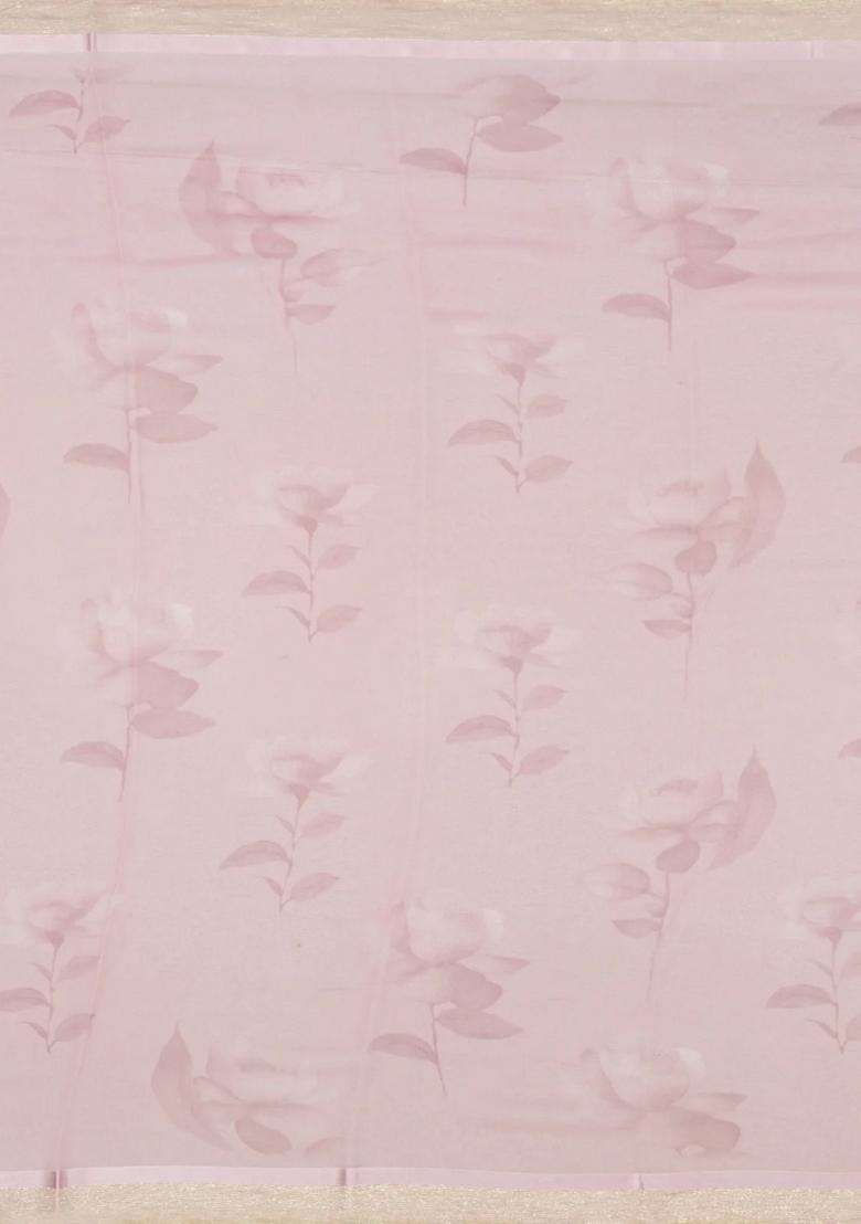 Baby Pink Woven Georgette Silk Saree With Printed Floral Motifs For Women - Indya