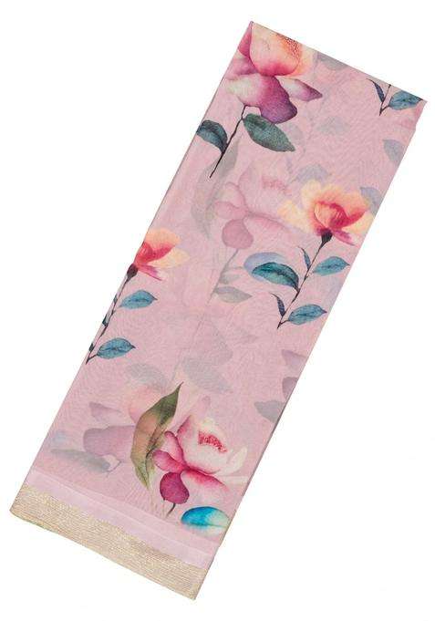Baby Pink Woven Georgette Silk Saree With Printed Floral Motifs For Women