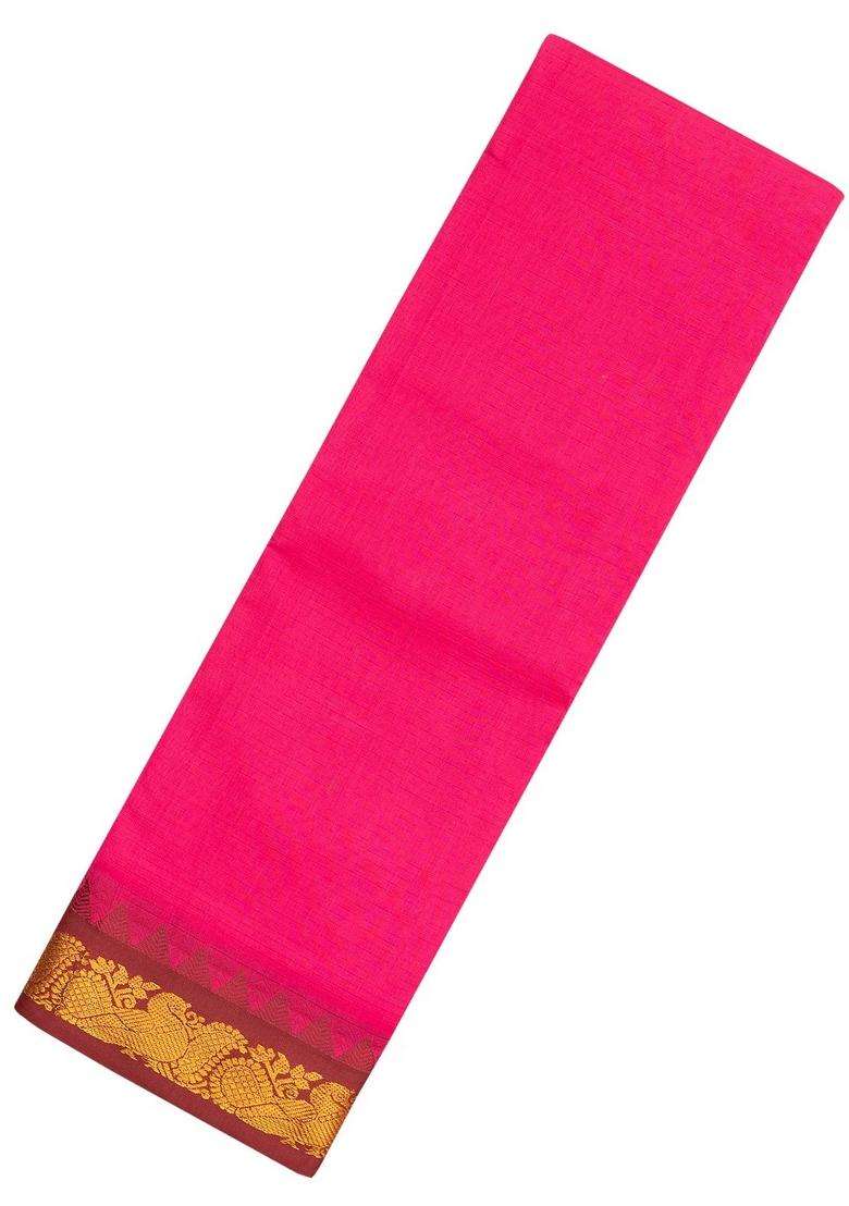 Hot Pink Woven Chirala Cotton Saree With Stripes Contrast Temple Border With Korvai And Temple Border Design For Women - Indya