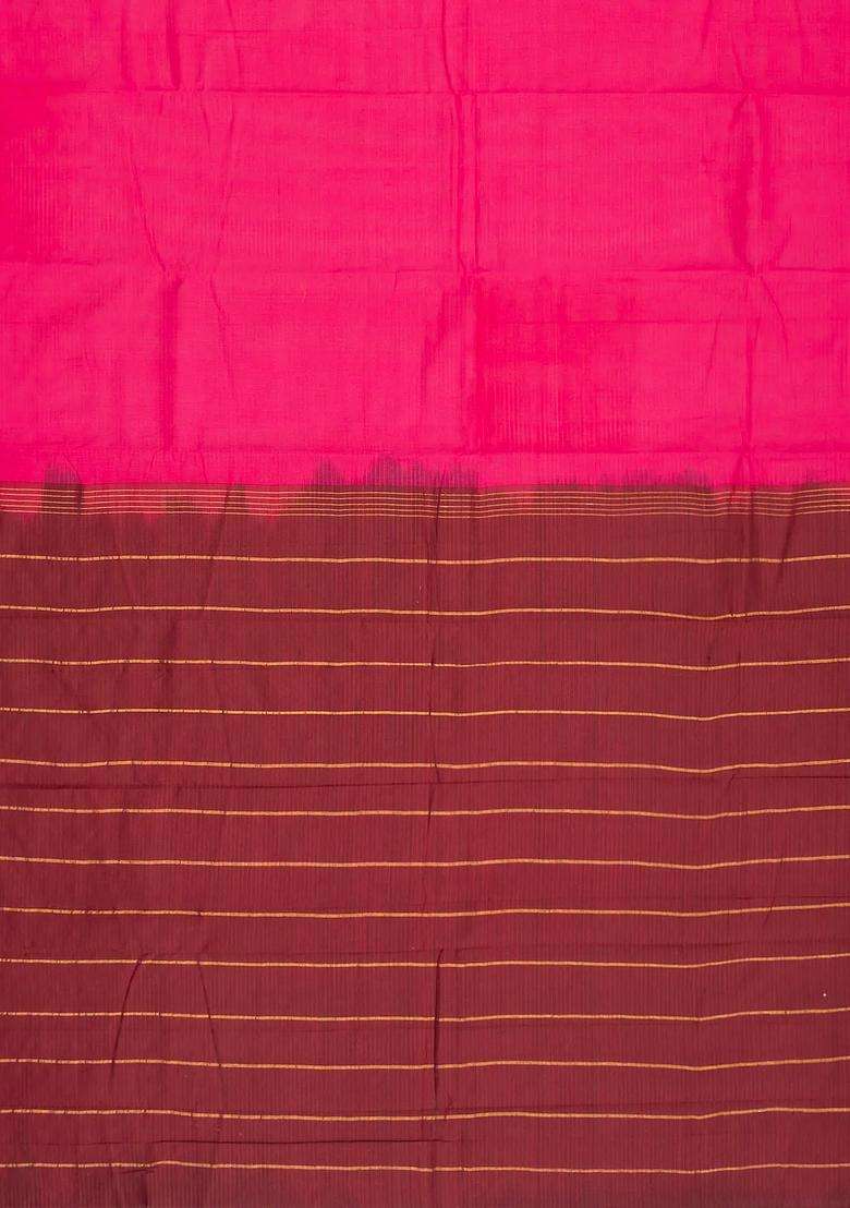 Hot Pink Woven Chirala Cotton Saree With Stripes Contrast Temple Border With Korvai And Temple Border Design For Women - Indya