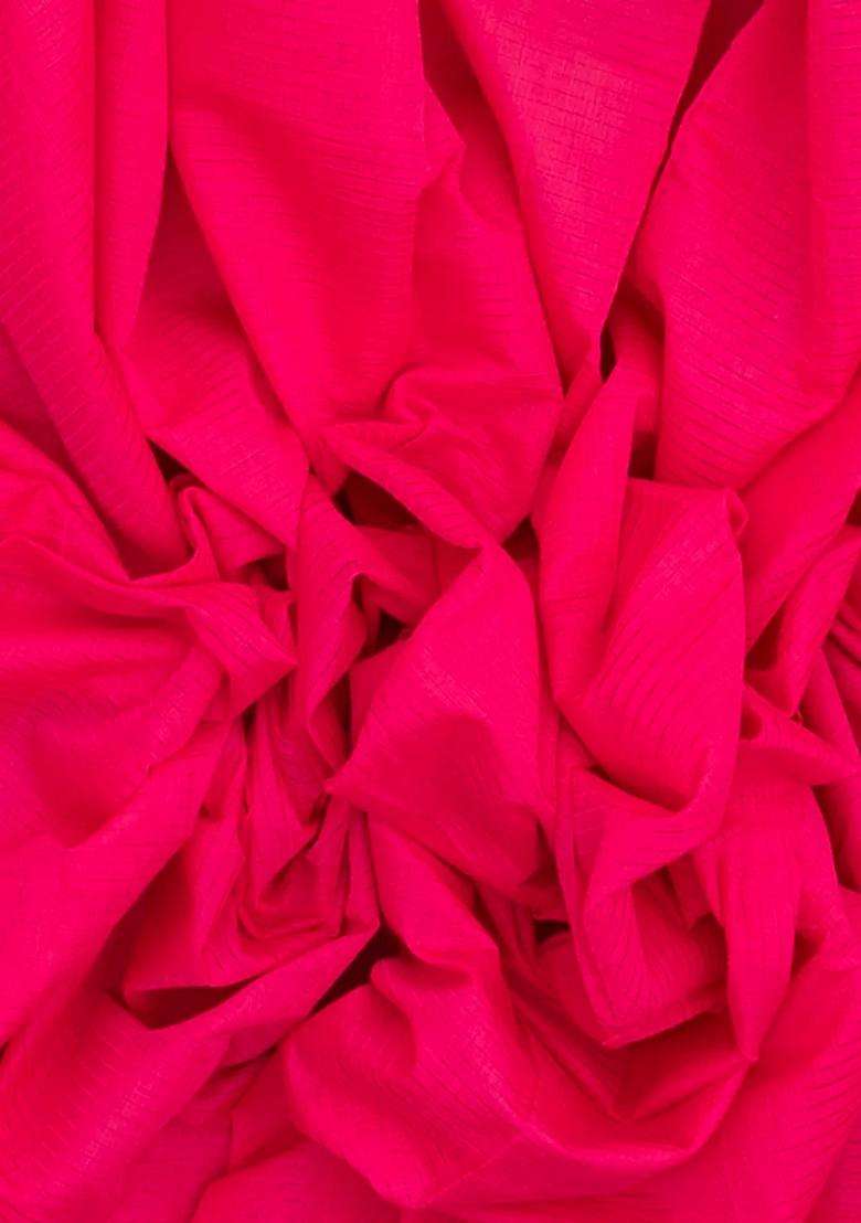 Hot Pink Woven Chirala Cotton Saree With Stripes Contrast Temple Border With Korvai And Temple Border Design For Women - Indya