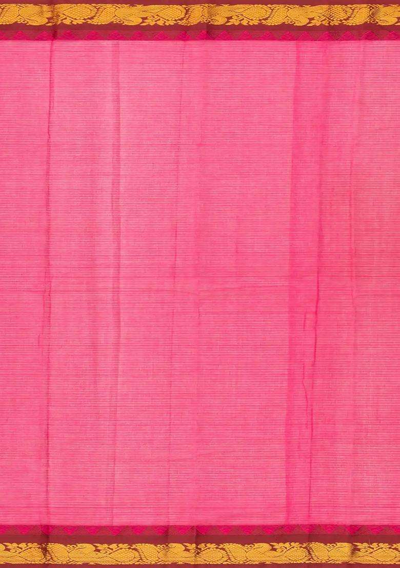 Hot Pink Woven Chirala Cotton Saree With Stripes Contrast Temple Border With Korvai And Temple Border Design For Women - Indya