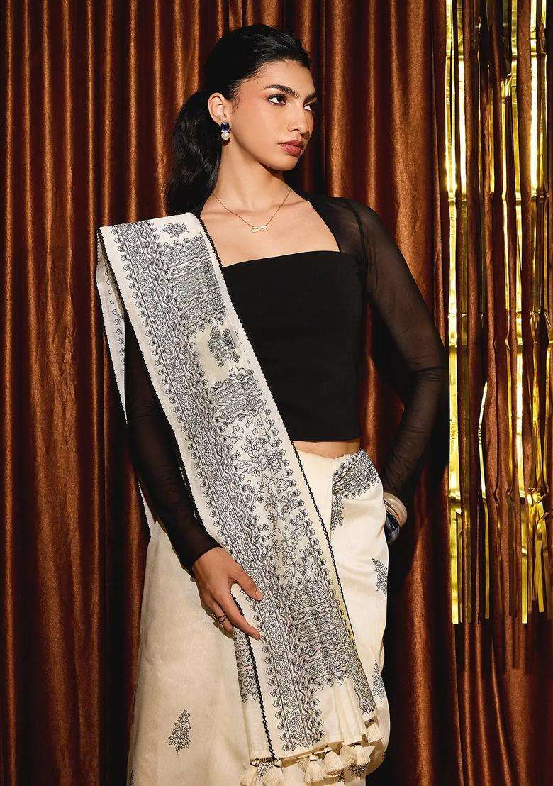 White Handloom Tussar Saree With Printed Floral Motifs For Women - Indya