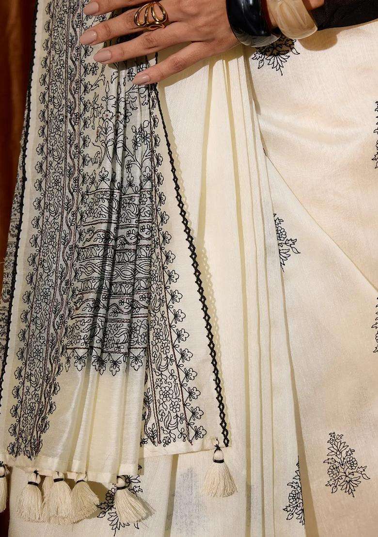 White Handloom Tussar Saree With Printed Floral Motifs For Women - Indya