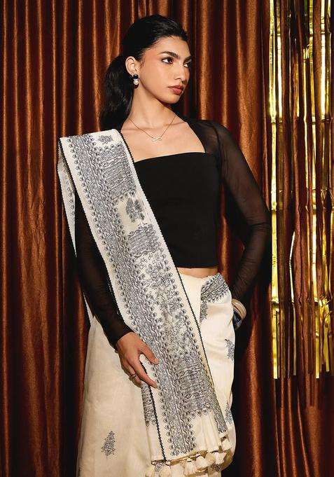 White Handloom Tussar Saree With Printed Floral Motifs For Women