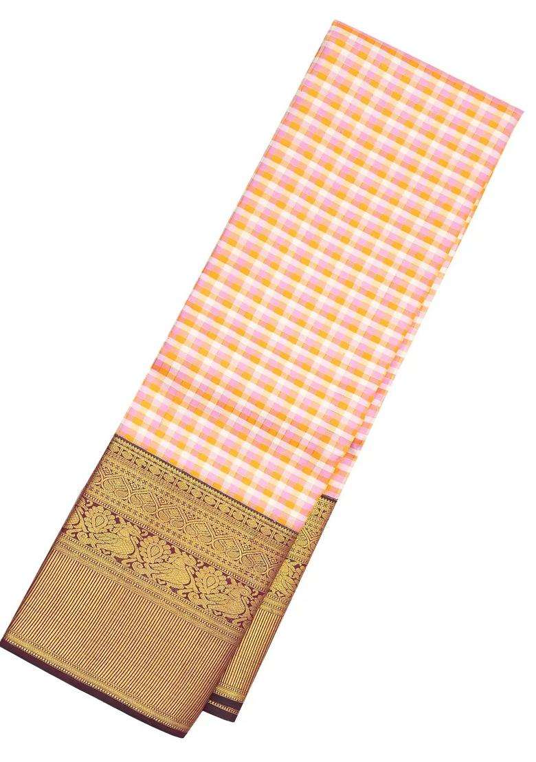 Multi Colour Handloom Korvai Kanchipuram Silk Saree With Checks With Korvai And Temple Border Design For Women - Indya