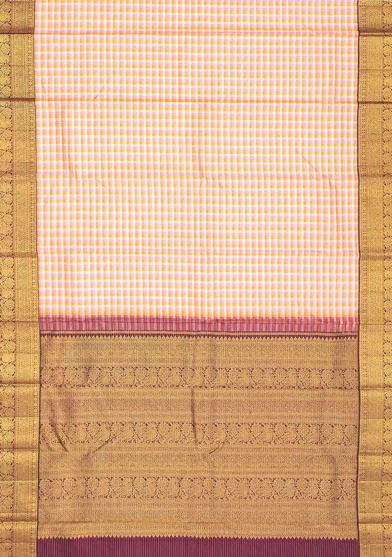 Multi Colour Handloom Korvai Kanchipuram Silk Saree With Checks With Korvai And Temple Border Design For Women - Indya