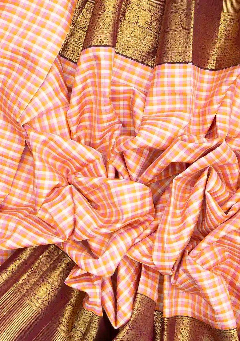 Multi Colour Handloom Korvai Kanchipuram Silk Saree With Checks With Korvai And Temple Border Design For Women - Indya