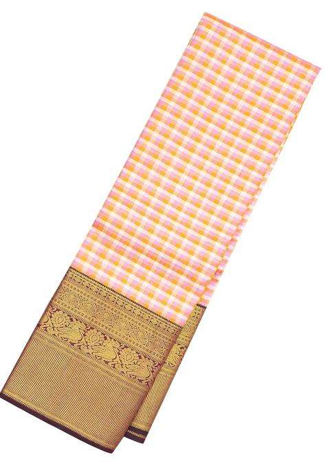 Multi Colour Handloom Korvai Kanchipuram Silk Saree With Checks With Korvai And Temple Border Design For Women