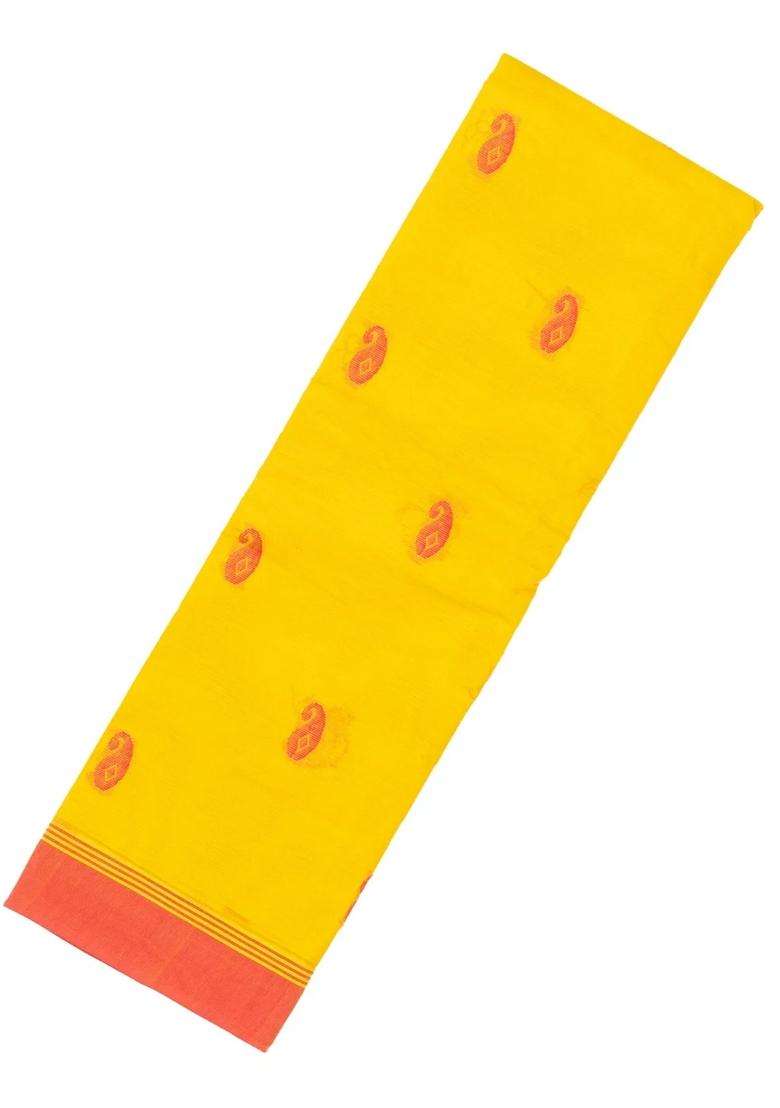 Yellow Woven Rasipuram Cotton Saree With Mango Motifs With Buttas And Brocade Design For Women - Indya