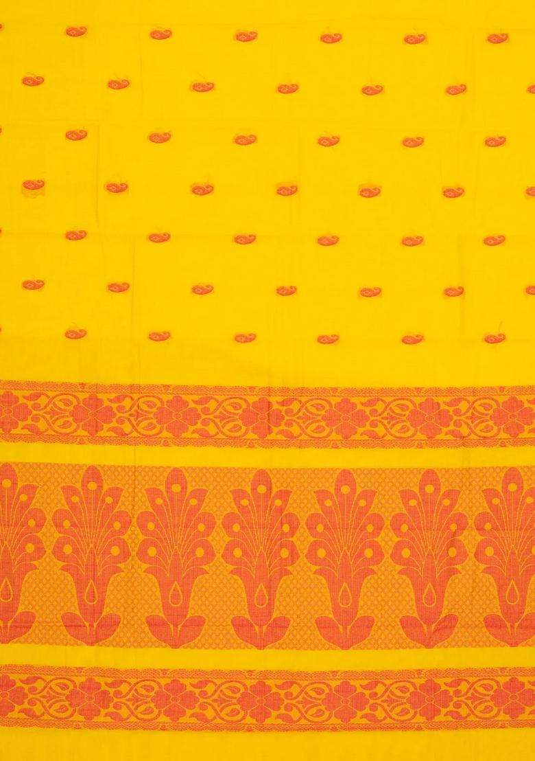 Yellow Woven Rasipuram Cotton Saree With Mango Motifs With Buttas And Brocade Design For Women - Indya