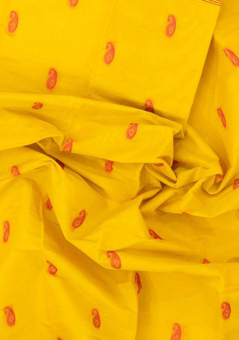 Yellow Woven Rasipuram Cotton Saree With Mango Motifs With Buttas And Brocade Design For Women - Indya
