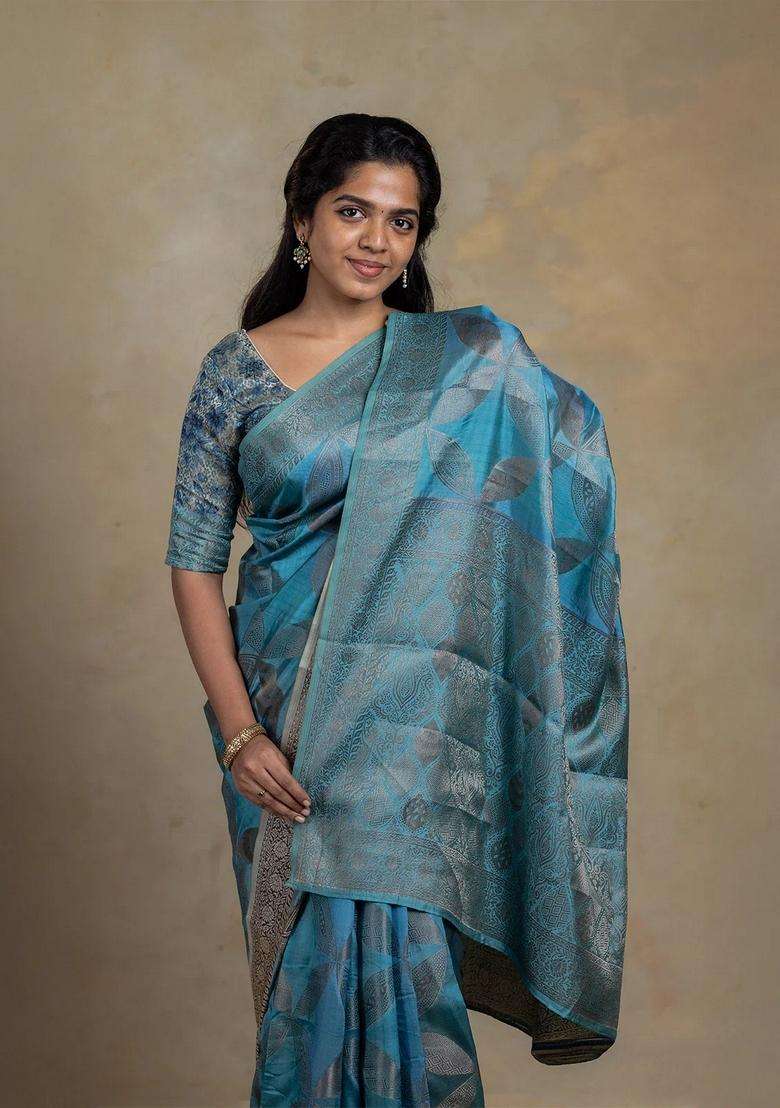 Cyan Woven Synthetic Tussar Silk Saree With Floral Motifs With Buttas And Brocade Design For Women - Indya