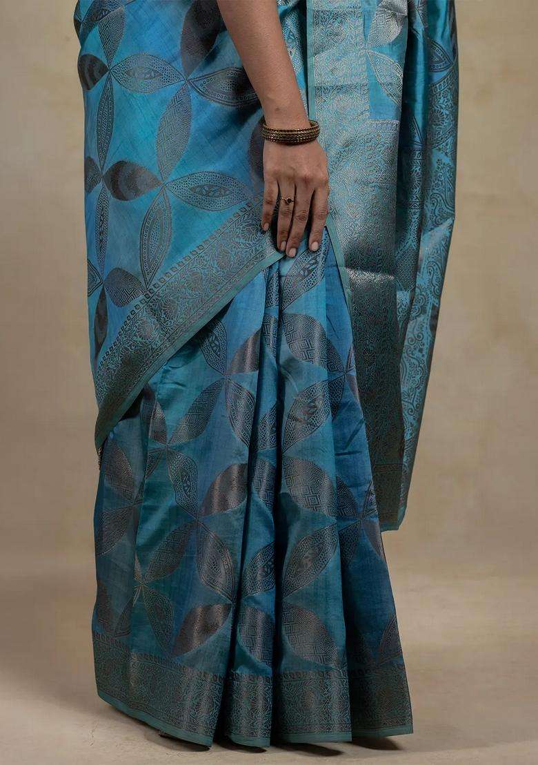 Cyan Woven Synthetic Tussar Silk Saree With Floral Motifs With Buttas And Brocade Design For Women - Indya