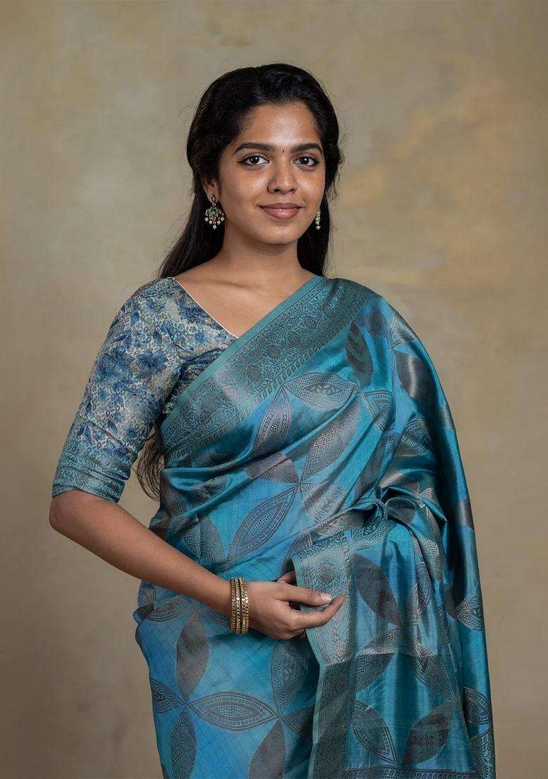 Cyan Woven Synthetic Tussar Silk Saree With Floral Motifs With Buttas And Brocade Design For Women - Indya
