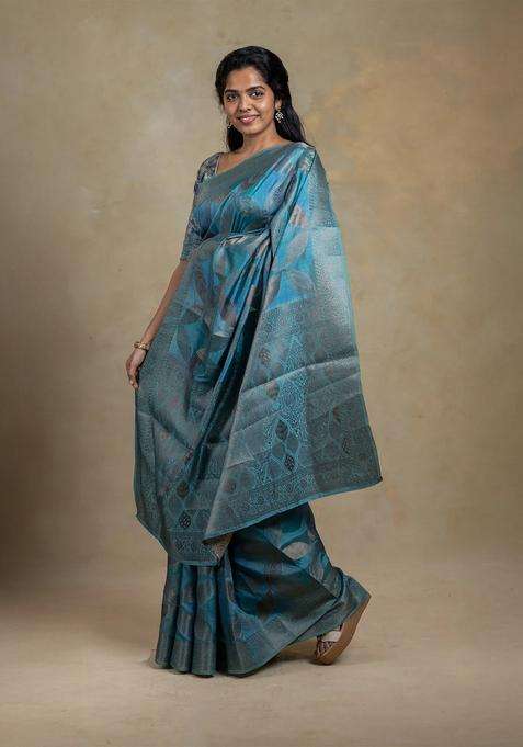 Cyan Woven Synthetic Tussar Silk Saree With Floral Motifs With Buttas And Brocade Design For Women