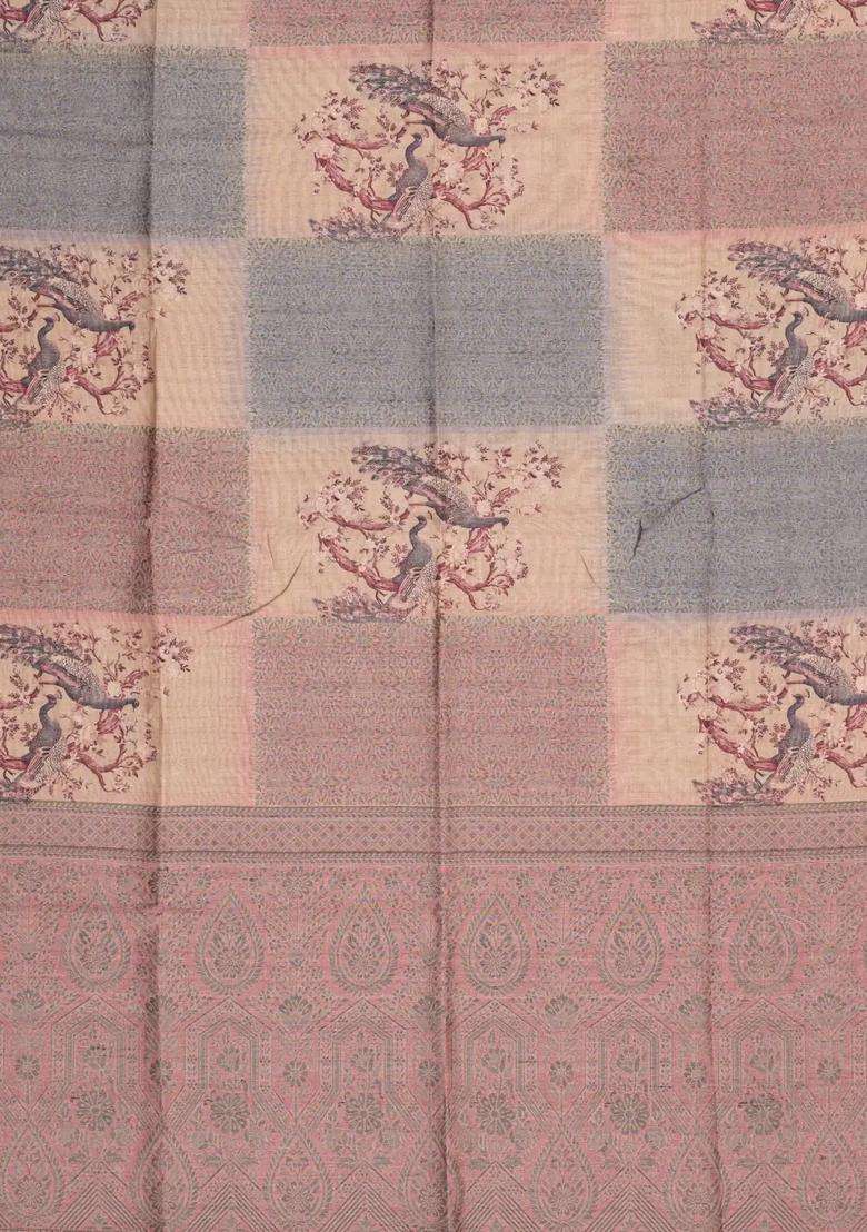 Light Peach Woven Synthetic Dola Silk Saree With Woven Printed Floral Motifs For Women - Indya