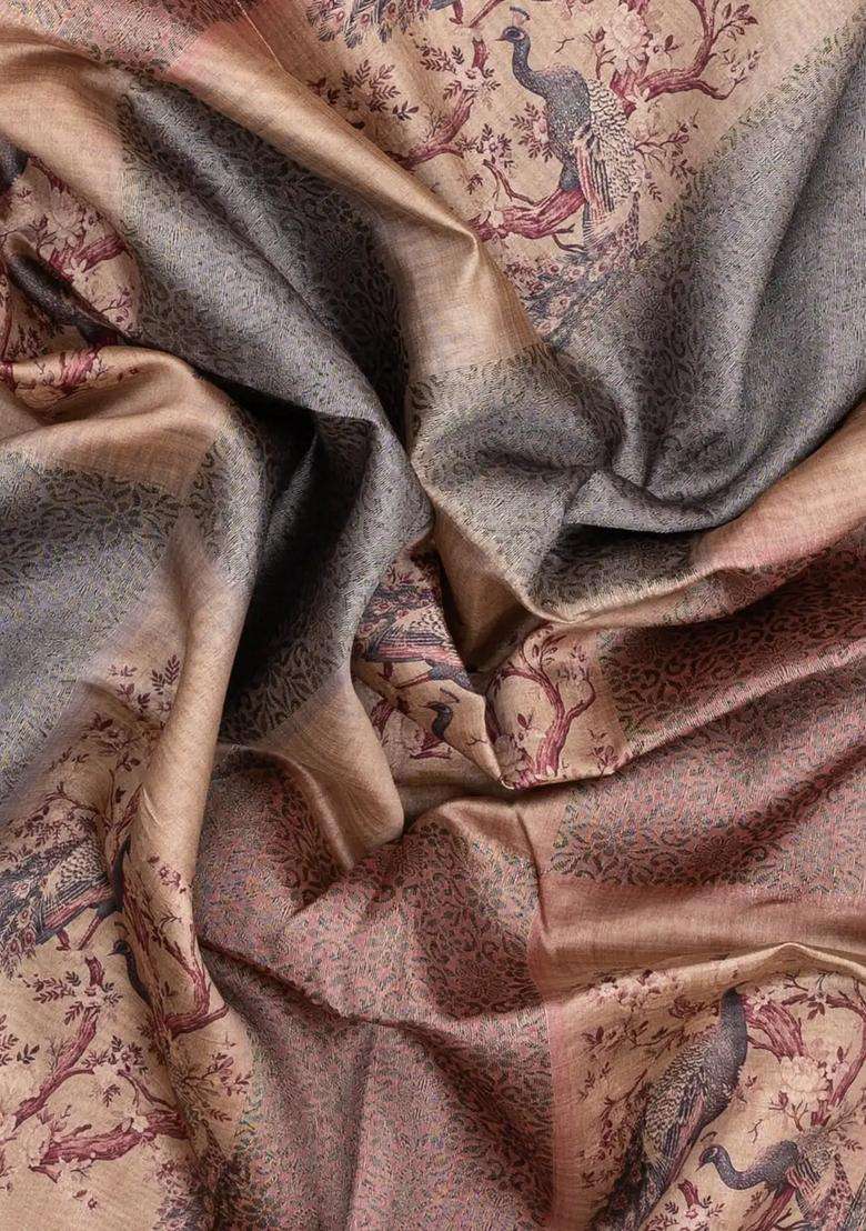 Light Peach Woven Synthetic Dola Silk Saree With Woven Printed Floral Motifs For Women - Indya