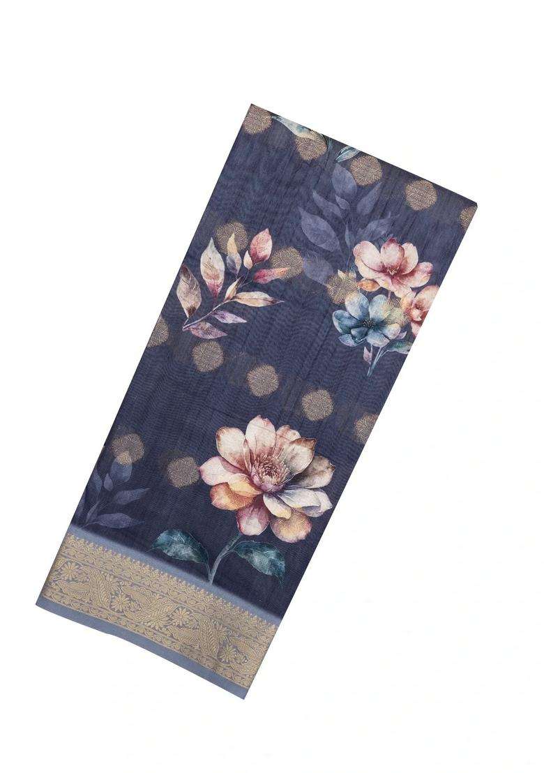 Dark Grey Woven Synthetic Dola Silk Saree With Printed Floral Motifs For Women - Indya