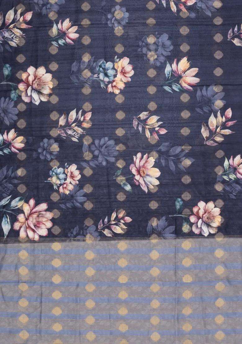 Dark Grey Woven Synthetic Dola Silk Saree With Printed Floral Motifs For Women - Indya