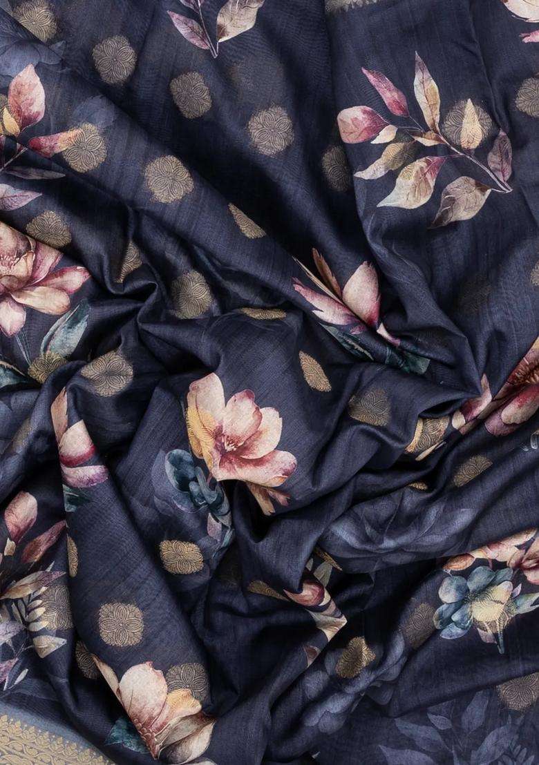 Dark Grey Woven Synthetic Dola Silk Saree With Printed Floral Motifs For Women - Indya
