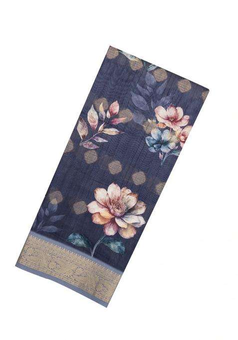 Dark Grey Woven Synthetic Dola Silk Saree With Printed Floral Motifs For Women