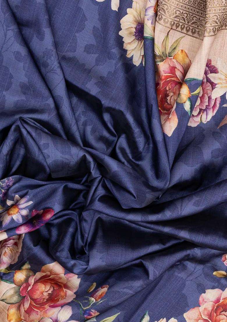 Purple Woven Synthetic Dola Silk Saree With Printed Floral Motifs For Women - Indya