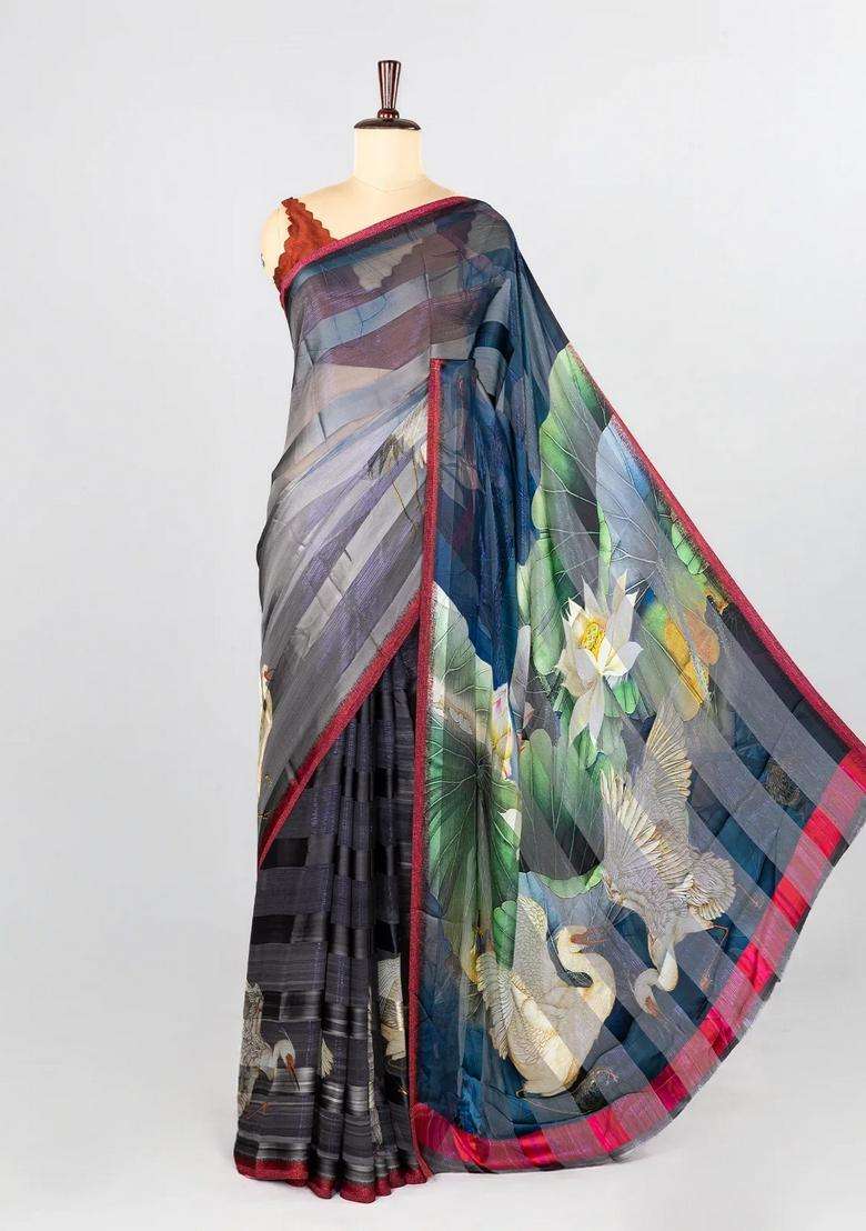 Grey Woven Synthetic Georgette Saree With Printed Bird Motifs For Women - Indya