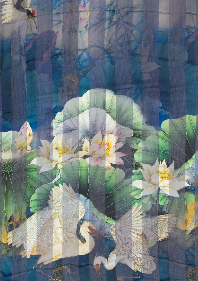 Grey Woven Synthetic Georgette Saree With Printed Bird Motifs For Women - Indya
