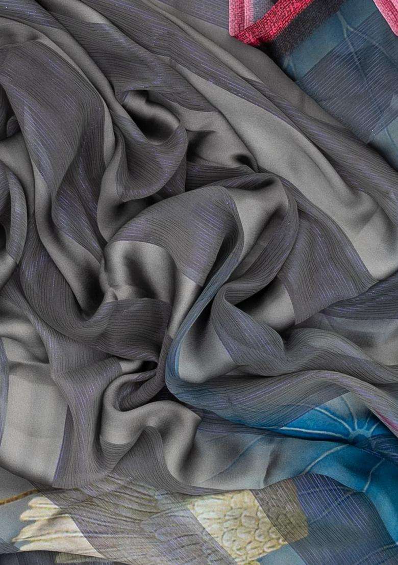 Grey Woven Synthetic Georgette Saree With Printed Bird Motifs For Women - Indya