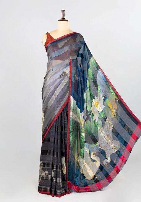 Grey Woven Synthetic Georgette Saree With Printed Bird Motifs For Women