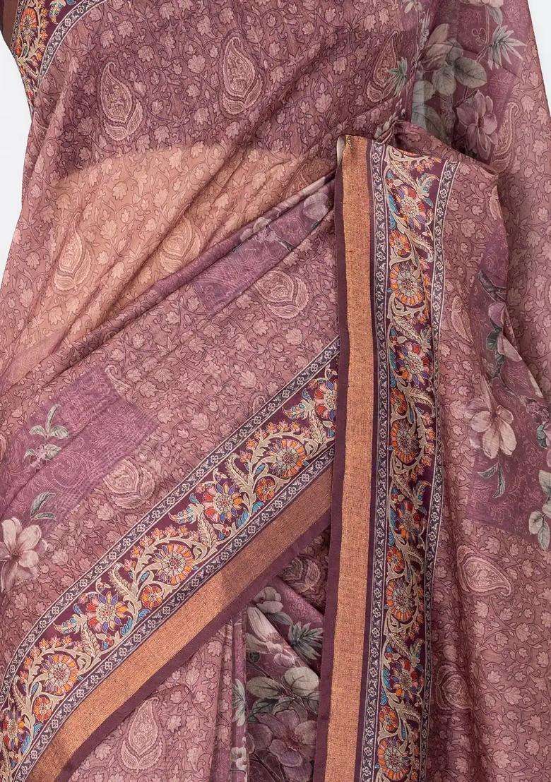 Peach Handloom Bengal Cotton Saree With Stripes With Checks And Stripes Design For Women - Indya