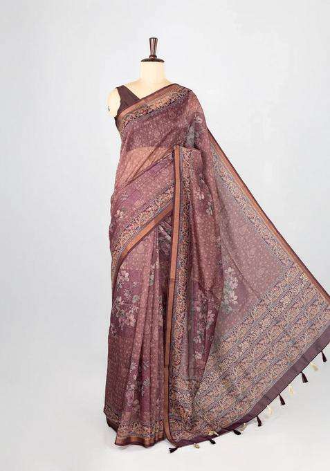 Peach Handloom Bengal Cotton Saree With Stripes With Checks And Stripes Design For Women