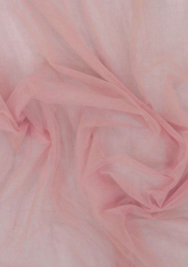 Baby Pink Woven Net Saree With Embroidered Motifs For Women - Indya