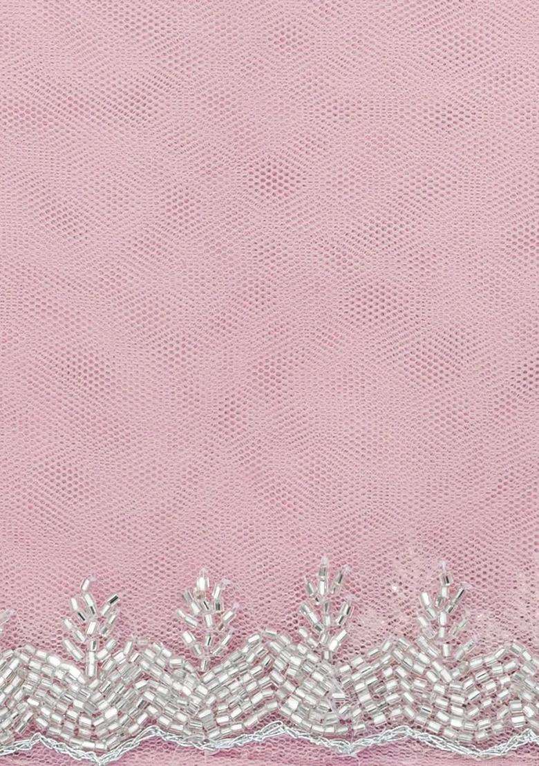Baby Pink Woven Net Saree With Embroidered Motifs For Women - Indya