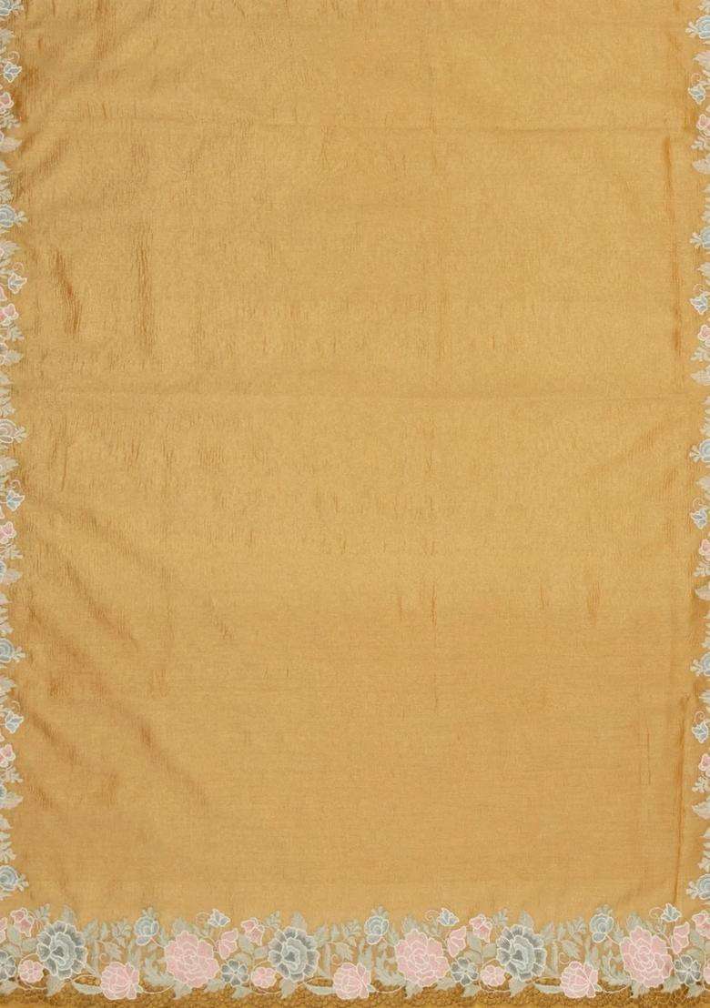 Gold Woven Crushed Tissue Saree With Embroidered Meena Floral Motifs For Women - Indya