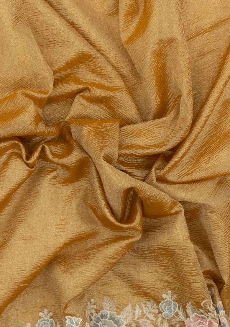 Gold Woven Crushed Tissue Saree With Embroidered Meena Floral Motifs For Women - Indya