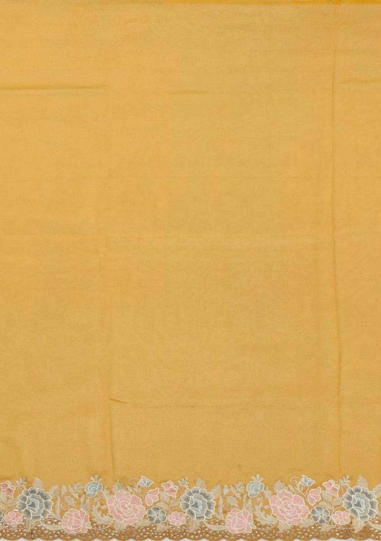Gold Woven Crushed Tissue Saree With Embroidered Meena Floral Motifs For Women - Indya