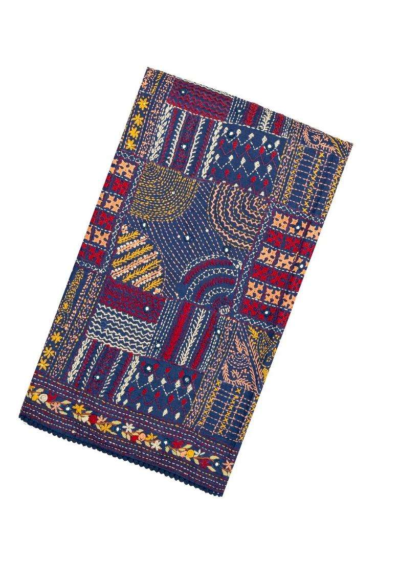 Navy Blue Woven Tussar Silk Saree With Hand Embroidered Meena Motifs For Women - Indya