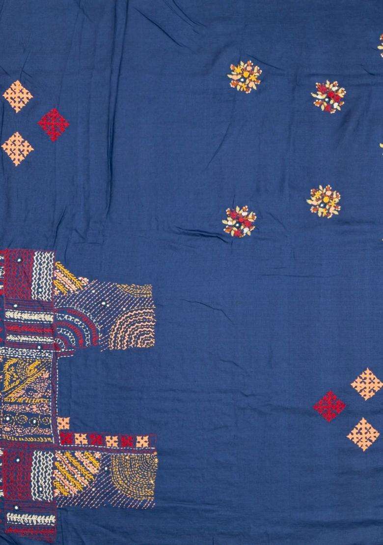 Navy Blue Woven Tussar Silk Saree With Hand Embroidered Meena Motifs For Women - Indya