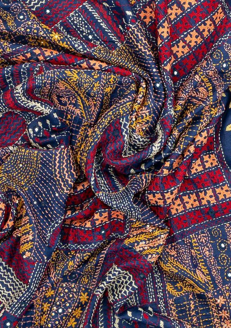 Navy Blue Woven Tussar Silk Saree With Hand Embroidered Meena Motifs For Women - Indya