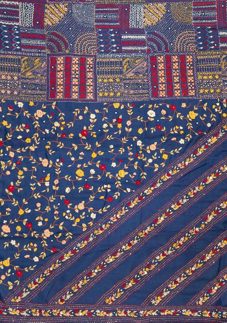 Navy Blue Woven Tussar Silk Saree With Hand Embroidered Meena Motifs For Women - Indya