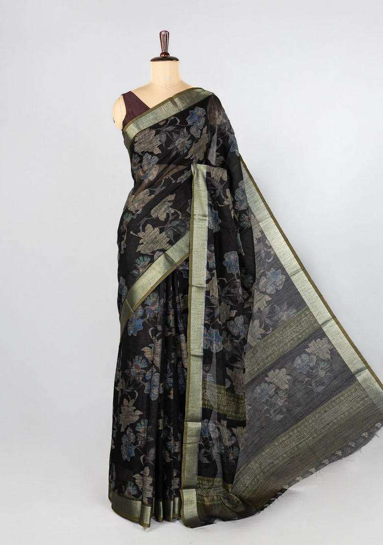Black Woven Art Linen Saree With Printed Floral Motifs And Olive Green Border For Women - Indya
