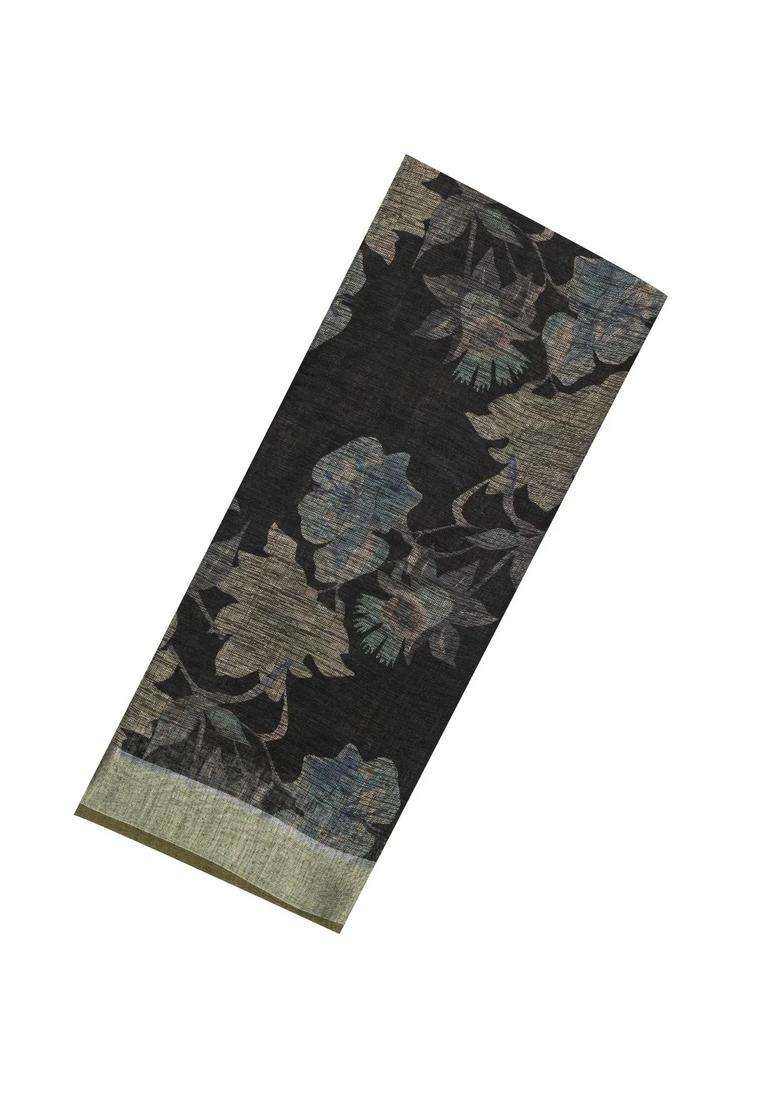 Black Woven Art Linen Saree With Printed Floral Motifs And Olive Green Border For Women - Indya