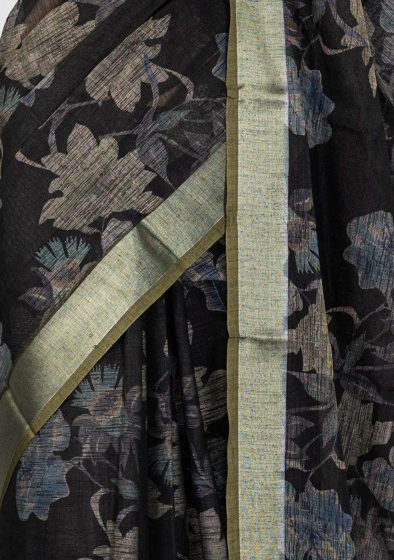 Black Woven Art Linen Saree With Printed Floral Motifs And Olive Green Border For Women - Indya