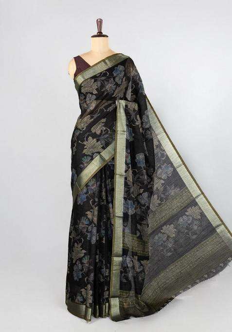Black Woven Art Linen Saree With Printed Floral Motifs And Olive Green Border For Women