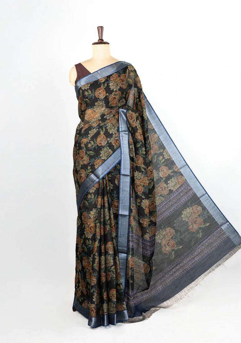 Black Woven Art Linen Saree With Printed Floral Motifs And Blue Border For Women - Indya